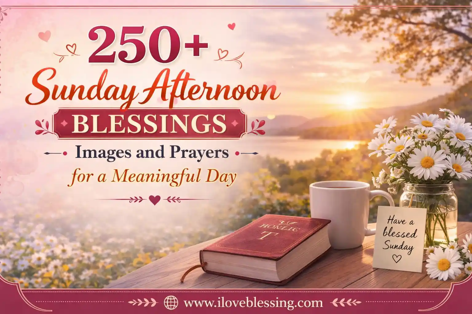 Sunday afternoon blessings banner with Bible, coffee, flowers, and sunset, featuring prayers and meaningful day message on iloveblessing.com