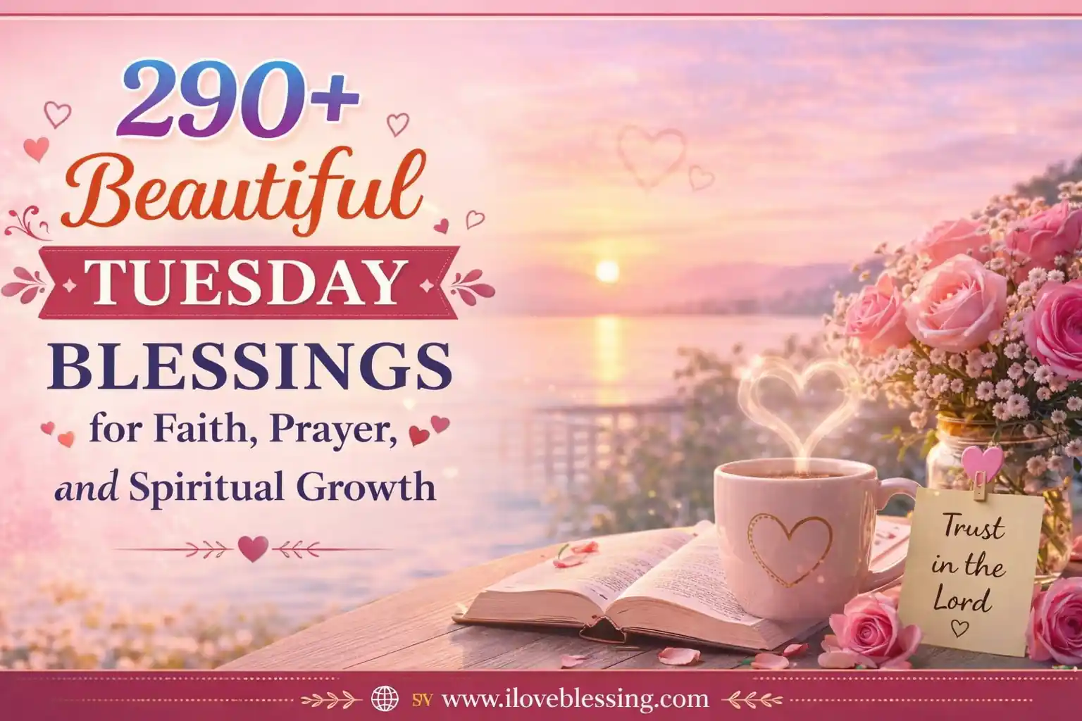Tuesday blessings banner with sunrise, Bible, coffee cup, flowers, and faith prayer message for spiritual growth on iloveblessing.com