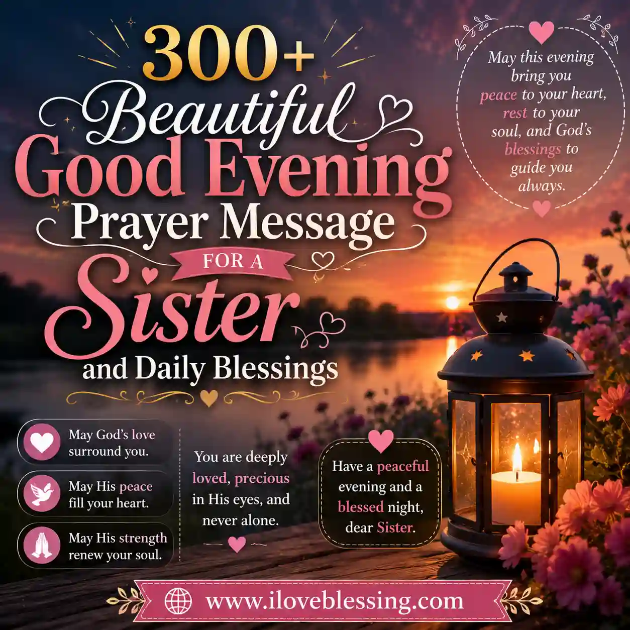 300+ Beautiful Good Evening Prayer Message for a Sister and Daily Blessings Peaceful sunset prayer image with glowing lantern, flowers, lake view, and heartfelt evening blessings for a sister.