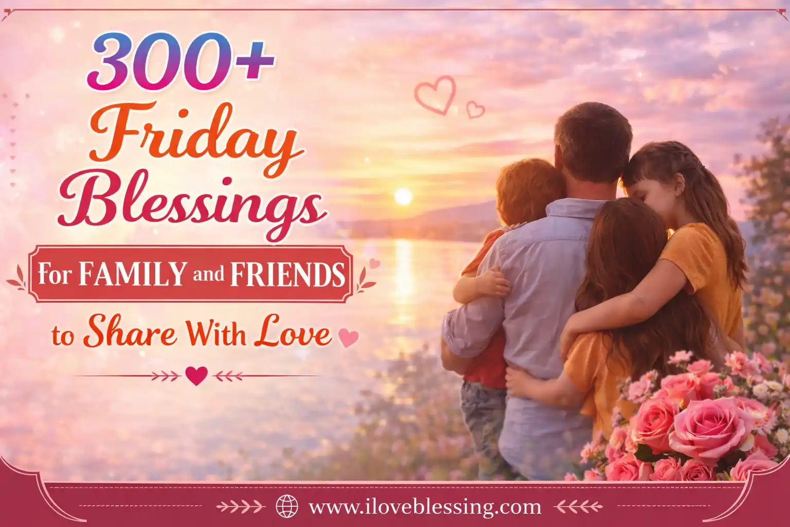 Family-themed Friday blessings image with sunset background, loving family hug, flowers, and inspirational text for sharing with friends and family.