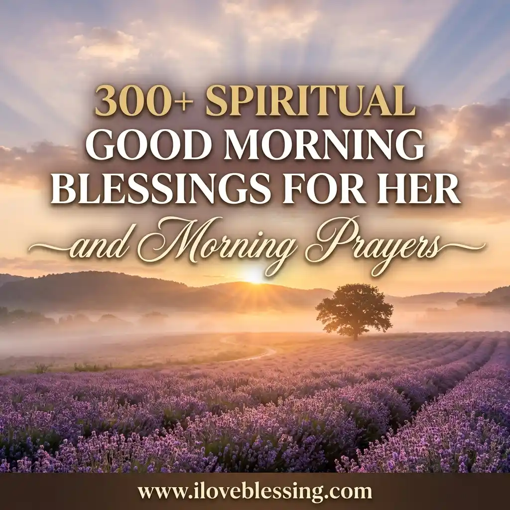 Sunrise over a serene lavender field with a lone tree, text reads "300+ Spiritual Good Morning Blessings for Her and Morning Prayers,"