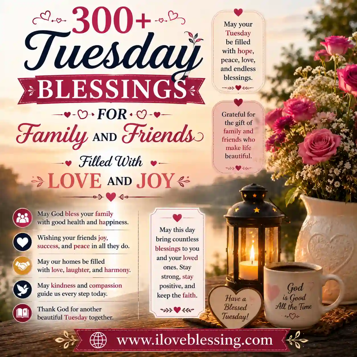 A serene image featuring "300+ Tuesday Blessings for Family and Friends" text with messages of love, joy, and hope. Includes a lantern, flowers, and a mug on a table with a peaceful backdrop.