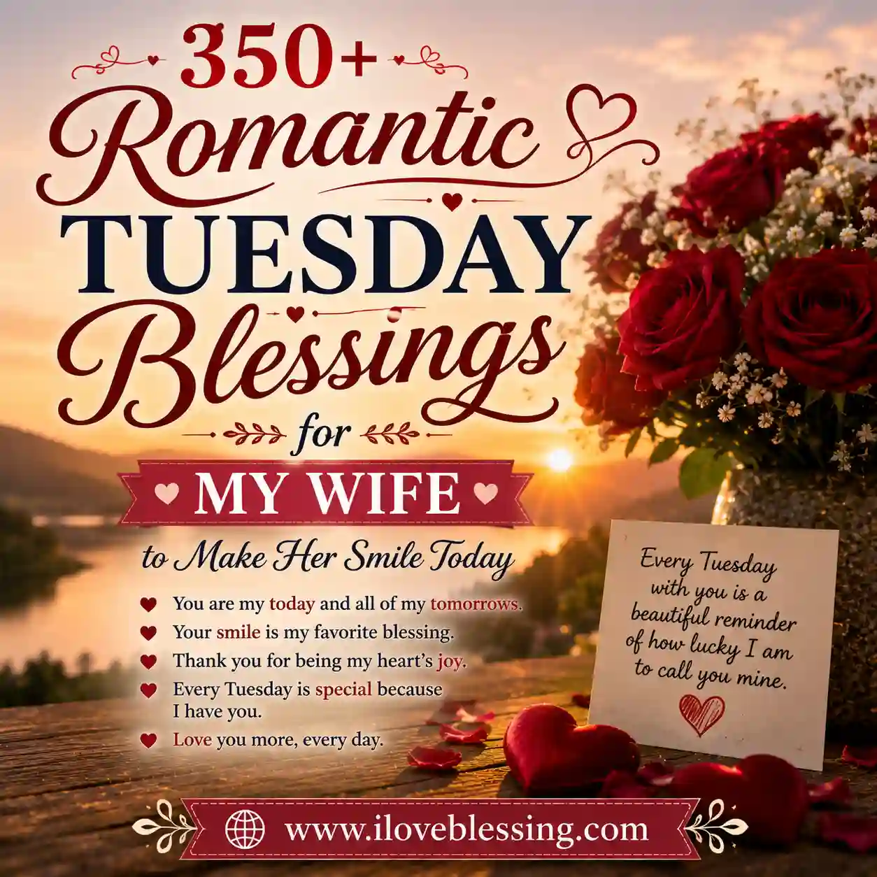 Romantic Tuesday blessings image with roses, sunset lake view, love notes, heart decor, and sweet wishes for a beloved wife.