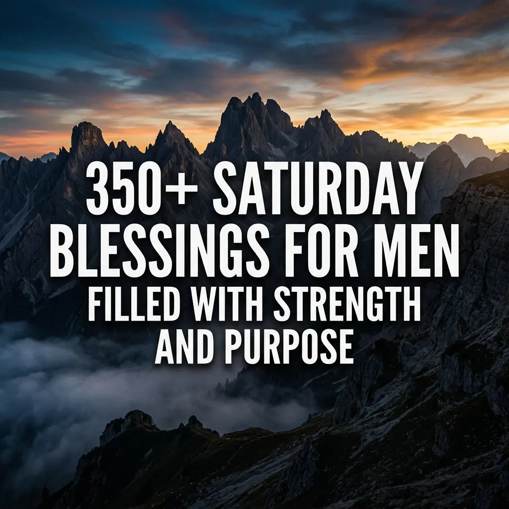 Inspirational text reading "350+ Saturday Blessings For Men Filled With Strength And Purpose" overlaid on a dark, dramatic mountain range at sunset.