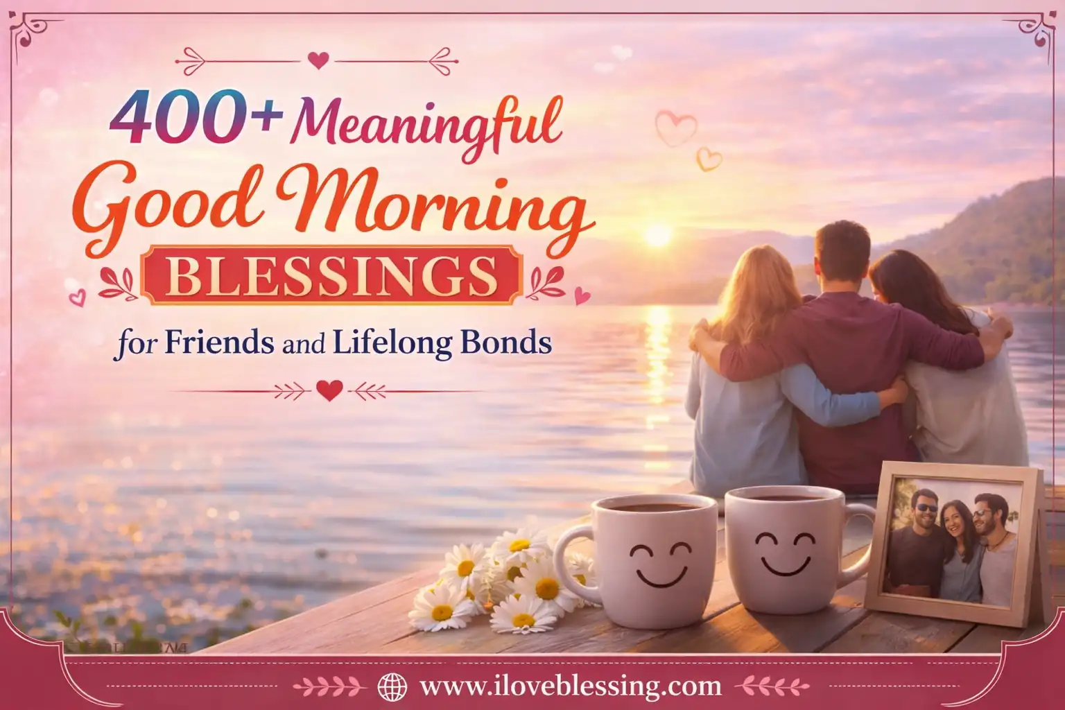 Good morning blessings image for friends with sunrise, coffee mugs, flowers, and friendship theme on iloveblessing.com