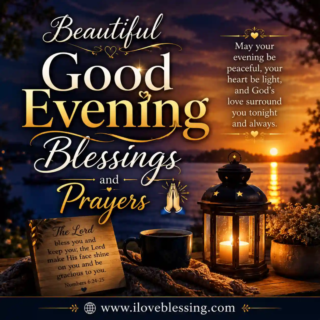 Beautiful evening blessings image with glowing lantern, sunset lake view, warm candlelight, and elegant prayer typography design.