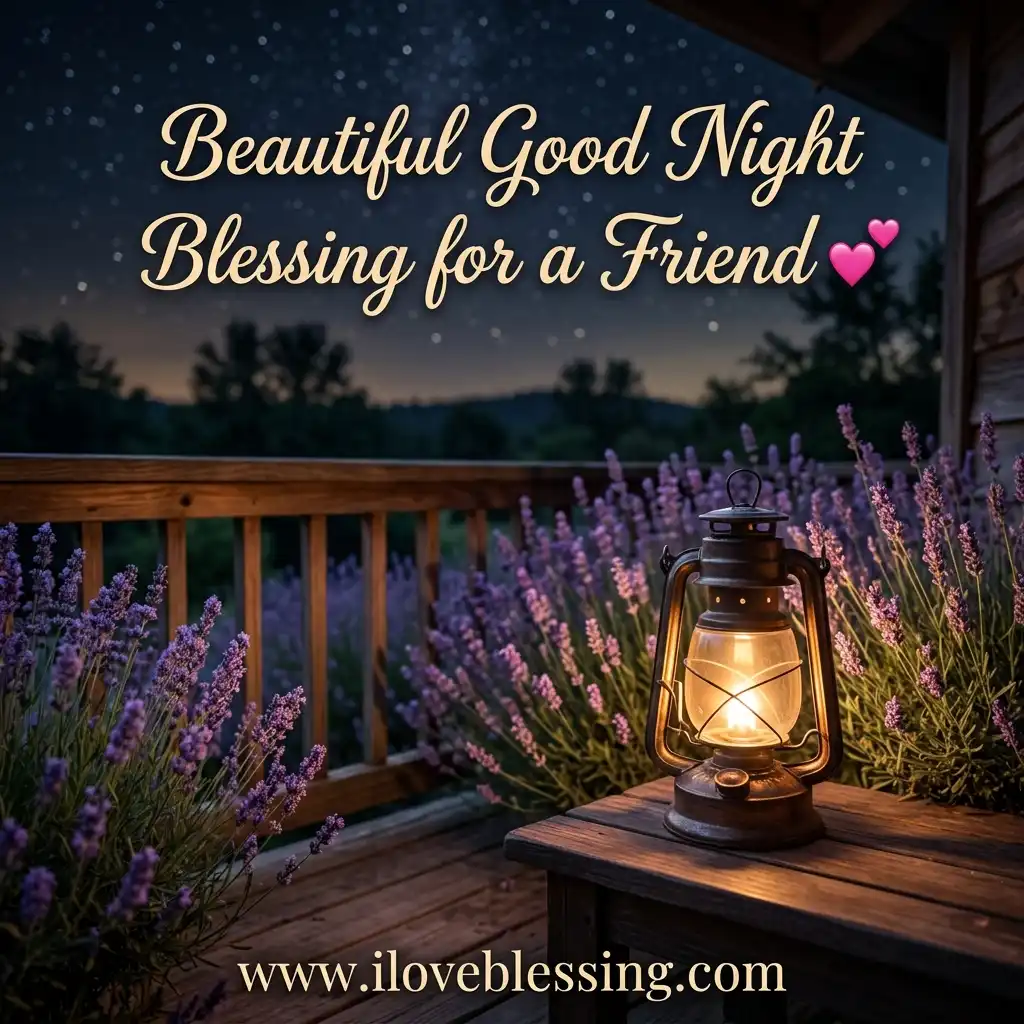 A lit antique lantern sits on a wooden deck beside blooming lavender under a starry night sky with text reading "Beautiful Good Night Blessing for a Friend."