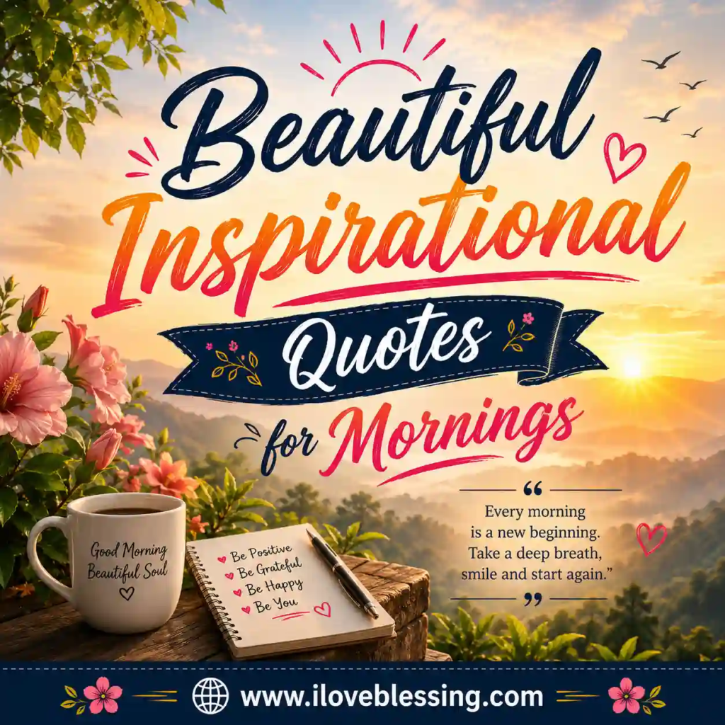Peaceful sunrise lake scene with deep morning quotes about life and happiness, coffee mug, nature, and stylish typography.