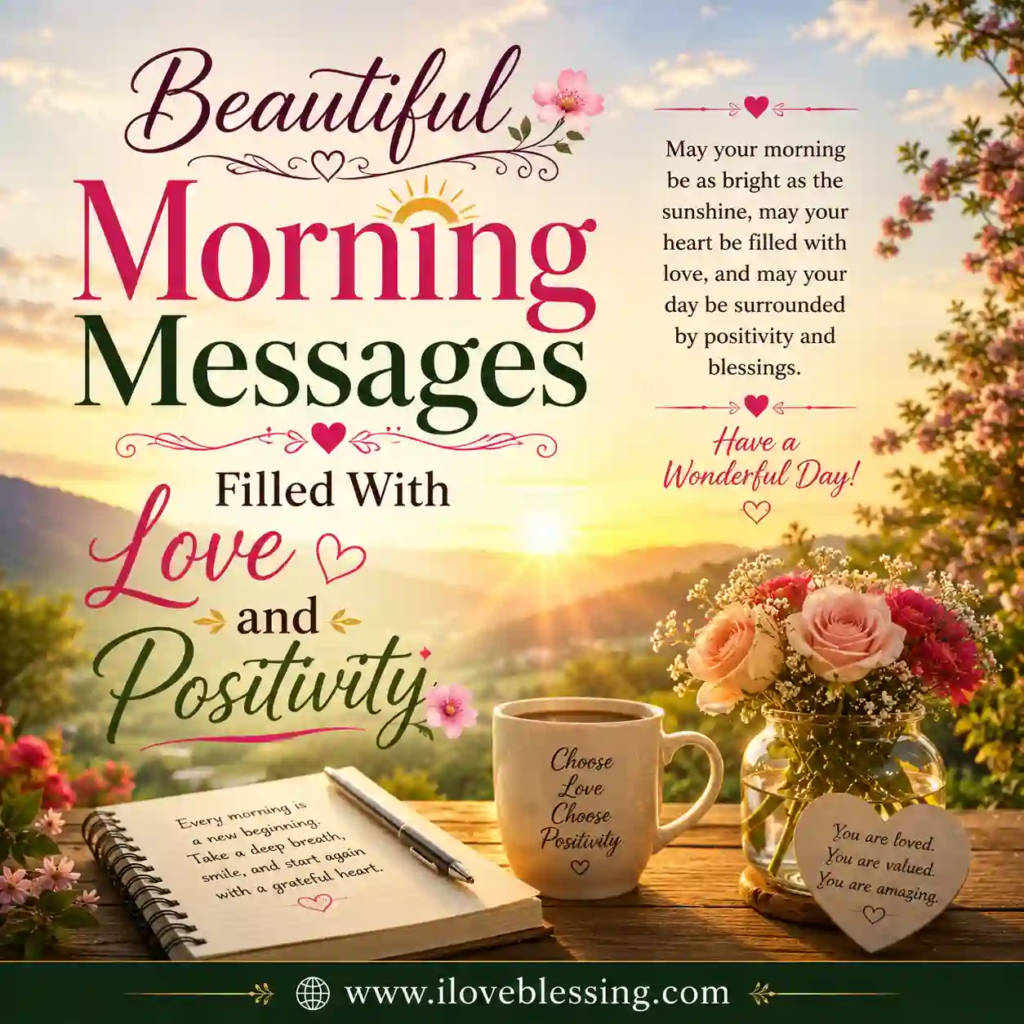 Beautiful morning blessings image with sunrise, flowers, coffee cup, and uplifting love and positivity quotes in elegant typography.