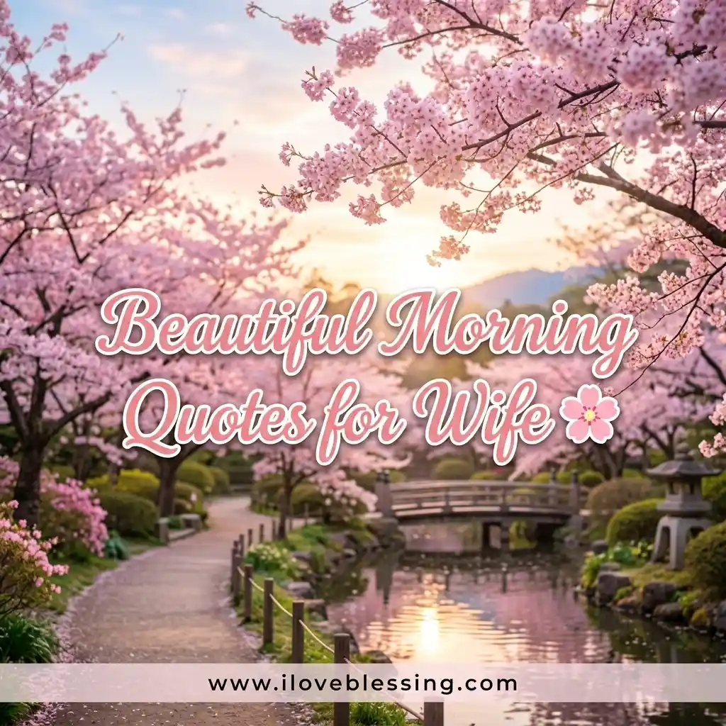 Romantic scene with cherry blossoms over a sunlit path and bridge in a serene garden. Text reads, "Beautiful Morning Quotes for Wife," adding a loving tone.