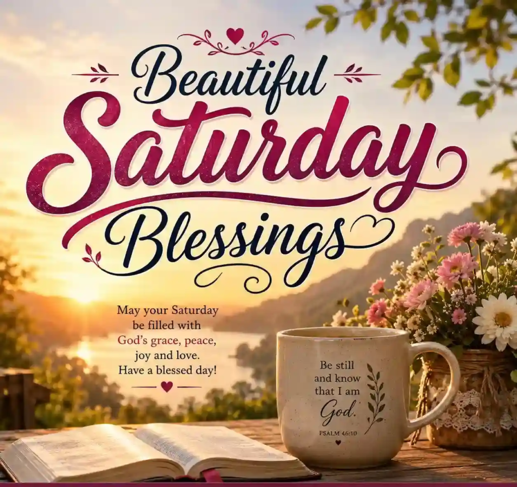 Beautiful Saturday Blessings graphic with sunrise, flowers, Bible and coffee mug, sharing peaceful faith quotes and iloveblessing.com