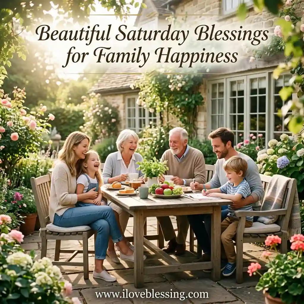 Family enjoying a meal at an outdoor table surrounded by blooming flowers on a sunny day. Text reads: "Beautiful Saturday Blessings for Family Happiness."