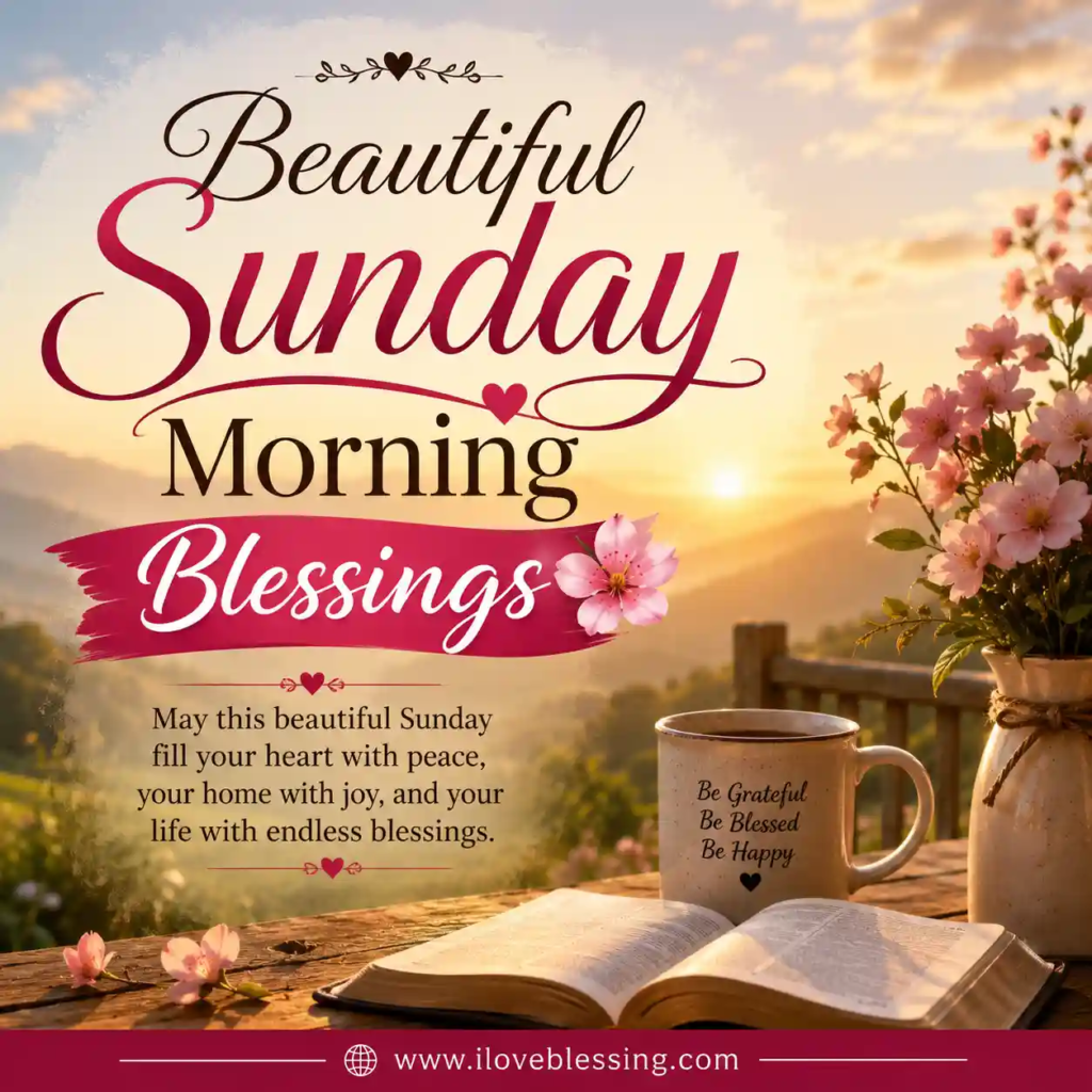 Beautiful Sunday morning blessings graphic with sunrise, flowers, coffee mug, open Bible, and elegant pink typography on warm golden background.