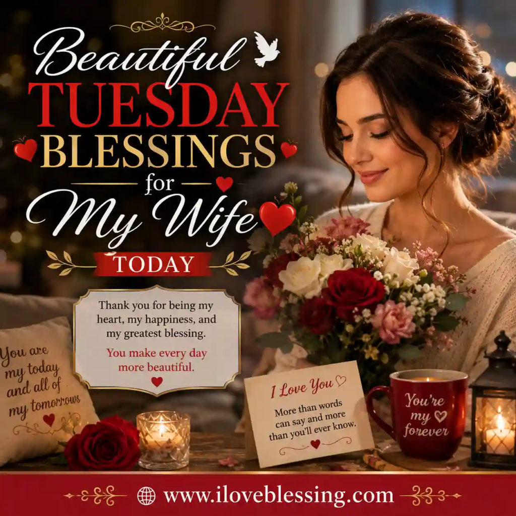 Romantic Tuesday blessings image with woman holding roses, candles, hearts, and Beautiful Tuesday Blessings for My Wife text.