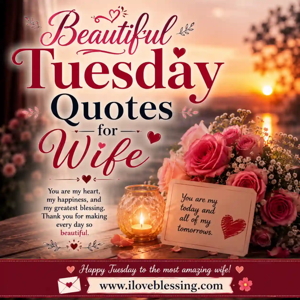 Beautiful Tuesday quotes for wife with pink roses, glowing candlelight, romantic sunset, and heartfelt love typography.