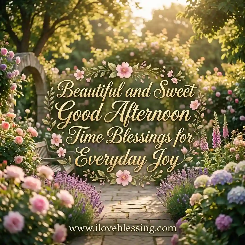 A sunlit garden with blooming pink and purple flowers surrounds a stone archway. Text reads, "Beautiful and Sweet Good Afternoon Time Blessings for Everyday Joy."