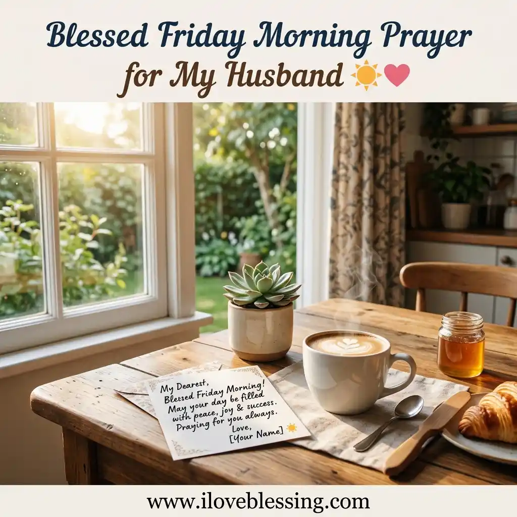 A wooden breakfast table features a handwritten card, a latte with foam art, a small jar of honey, and a croissant by a sunlit window overlooking a garden, overlaid with text reading "Blessed Friday Morning Prayer for My Husband."