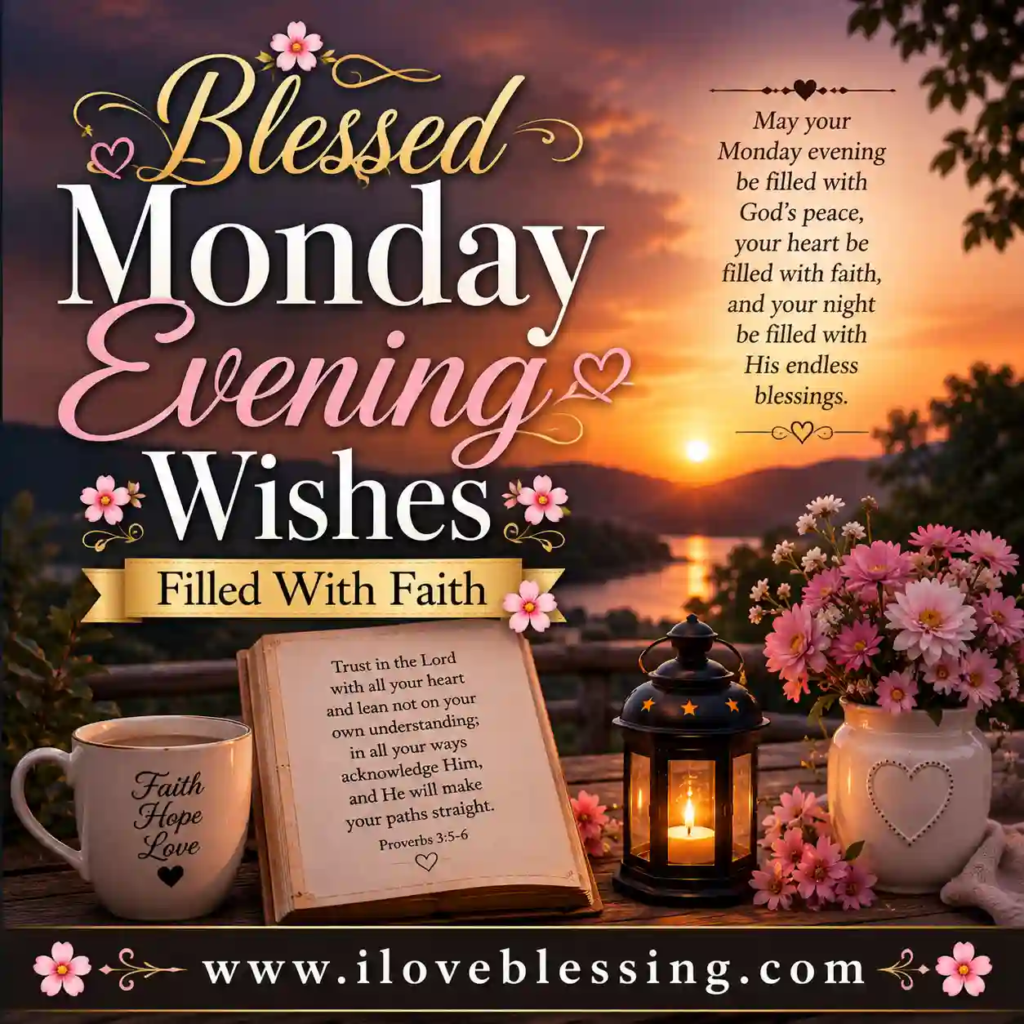 Blessed Monday Evening Wishes graphic with sunset lake, glowing lantern, pink flowers, faith message, and peaceful evening scenery.