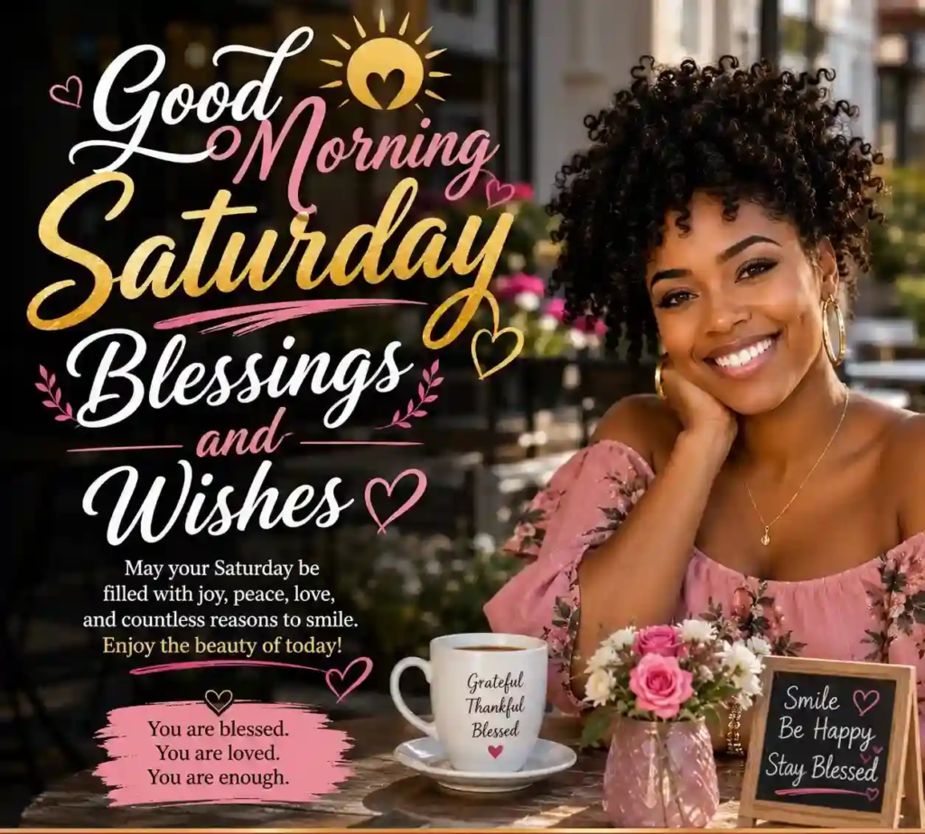 Cheerful Saturday morning scene with smiling woman, flowers, coffee, and stylish Good Morning Saturday Blessings text.