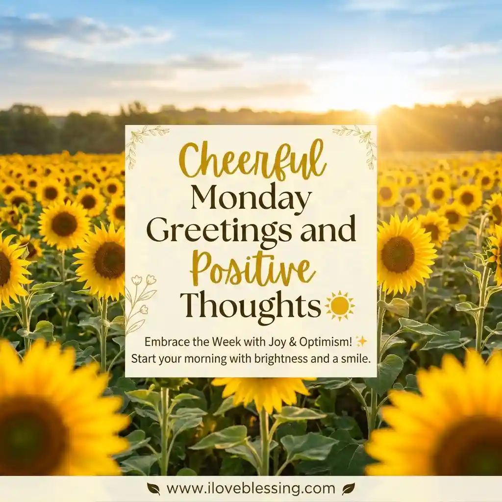 A field of sunflowers under a sunrise with text: "Cheerful Monday Greetings and Positive Thoughts." The scene conveys warmth and optimism.