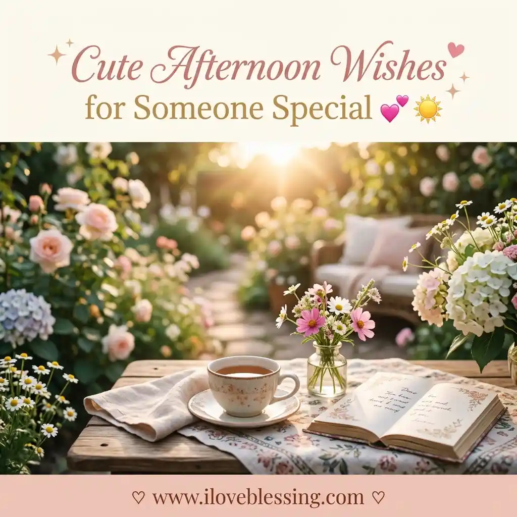 Tea cup, book, and flowers on a garden table with afternoon sunlight creating a peaceful, inviting scene. Text: "Cute Afternoon Wishes for Someone Special."
