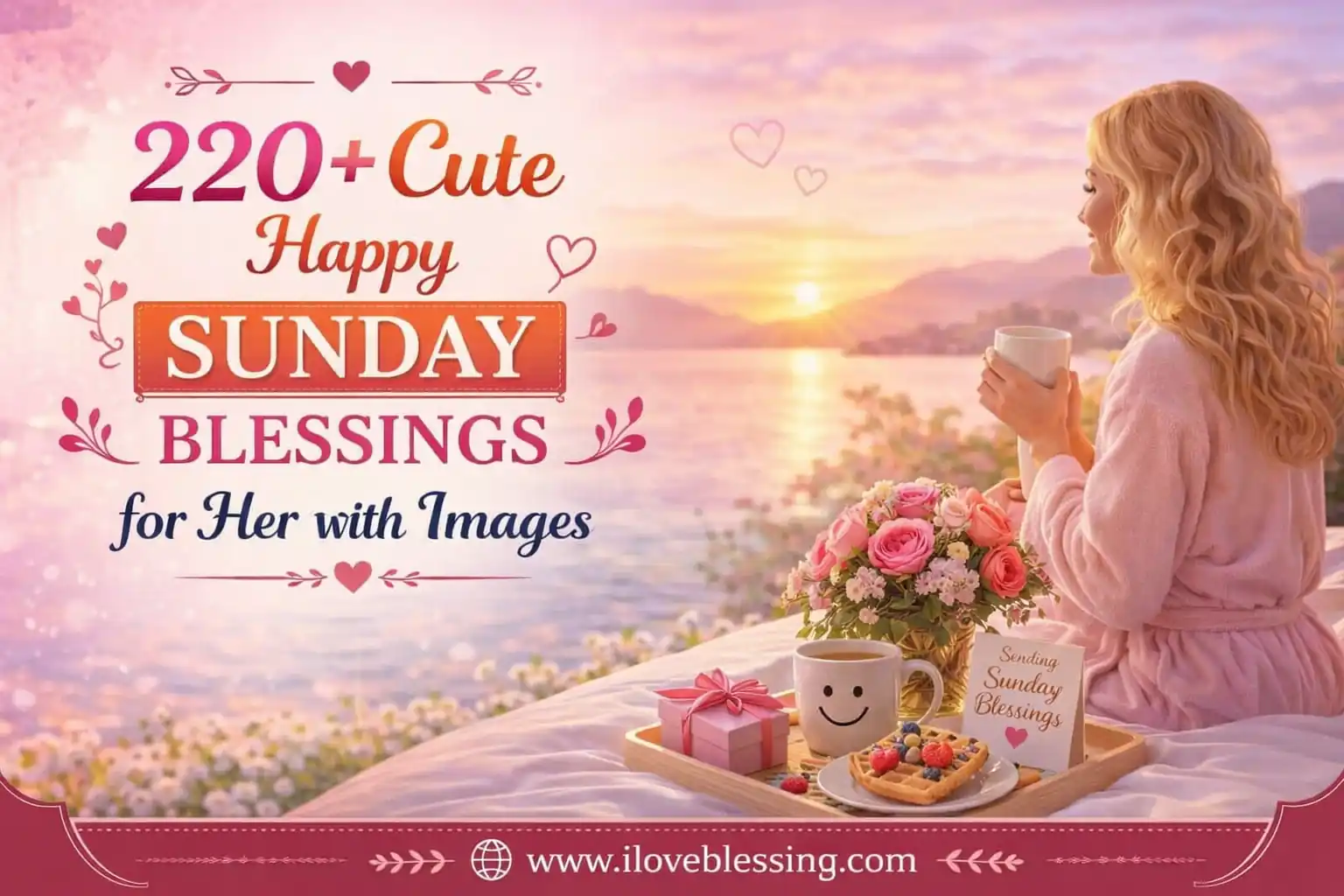 Cute Sunday blessings image for her with sunrise view, flowers, coffee tray, romantic pink vibes, and loving morning theme.