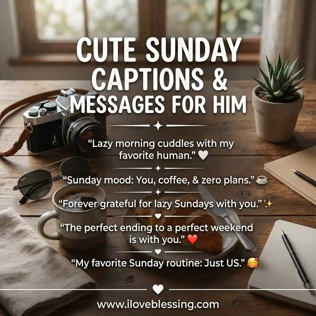 "Image of a cozy wooden table with a vintage camera, sunglasses, coffee, croissants, and a small potted plant. Overlaid are romantic Sunday captions like 'Lazy morning cuddles with my favorite human. 💖' and 'My favorite Sunday routine: Just US. 🥰'. The mood is relaxed and intimate."