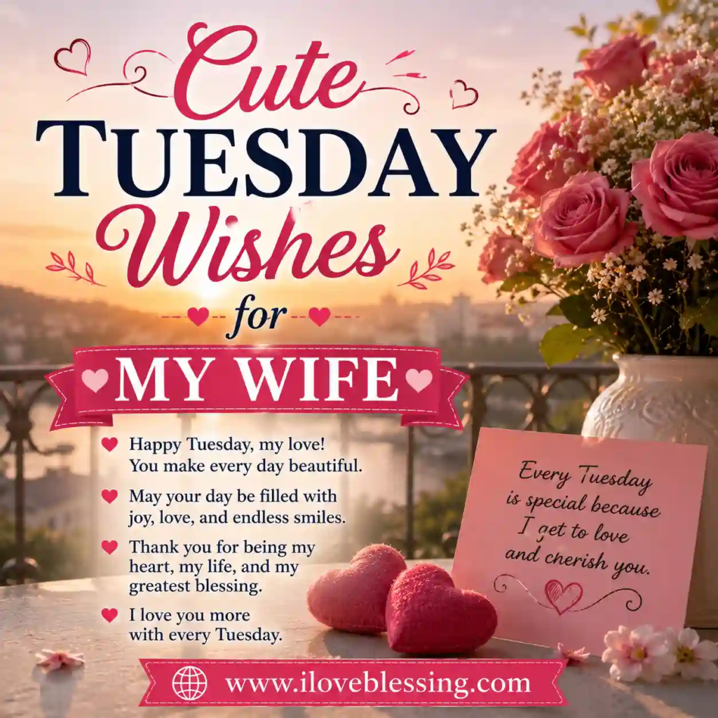 Cute Tuesday wishes design with pink roses, balcony sunset, heart pillows, romantic messages, and loving blessings for a wife.