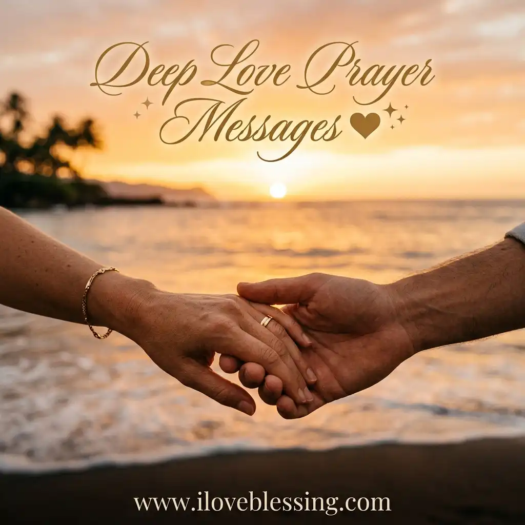 Hands gently holding each other against a beach sunset, conveying love and connection. Text reads "Deep Love Prayer Messages" with a heart icon.