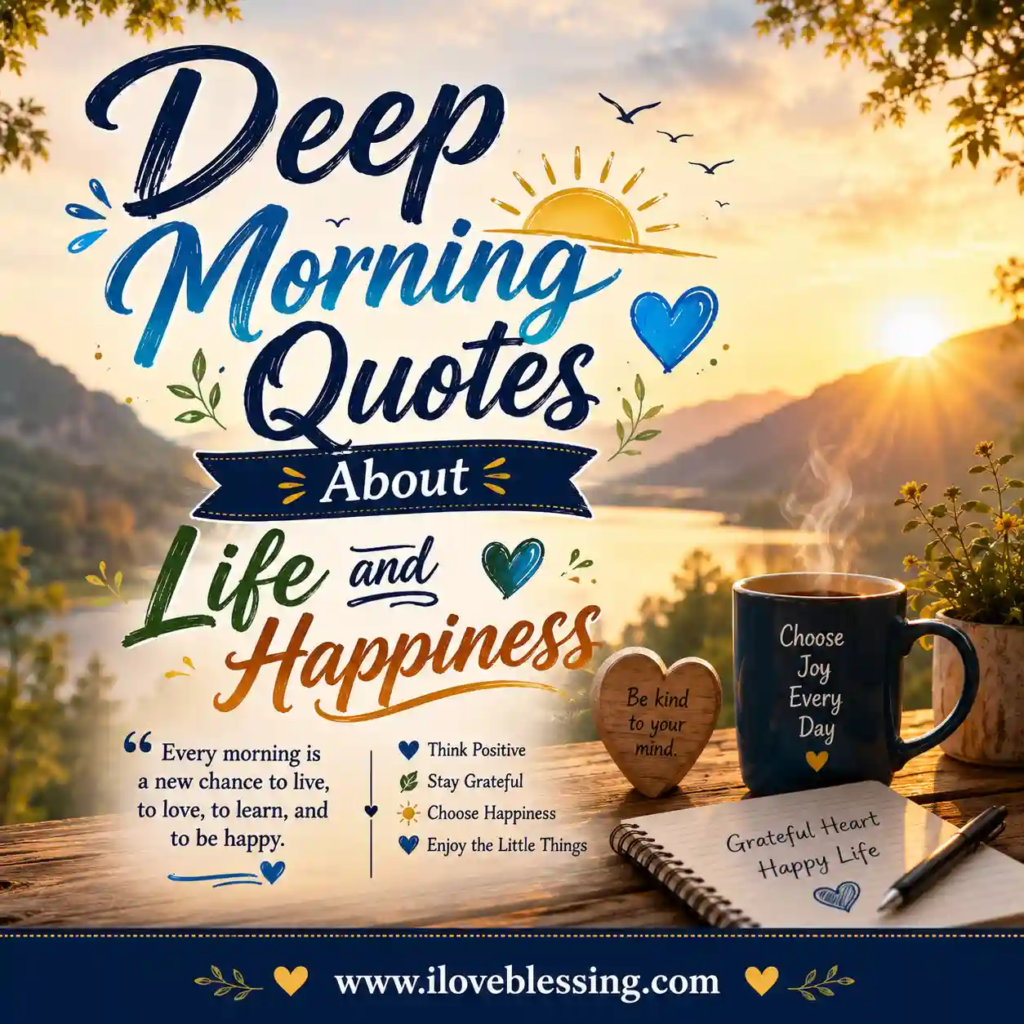 Peaceful sunrise lake scene with deep morning quotes about life and happiness, coffee mug, nature, and stylish typography.