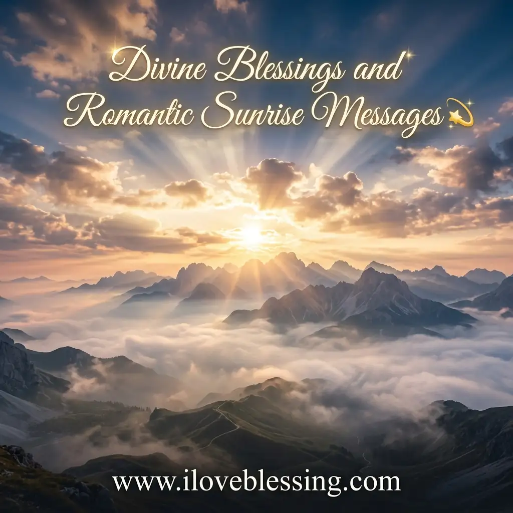 Majestic mountain range shrouded in mist with a golden sunrise bursting through dramatic clouds, featuring the text "Divine Blessings and Romantic Sunrise Messages" and a website address.