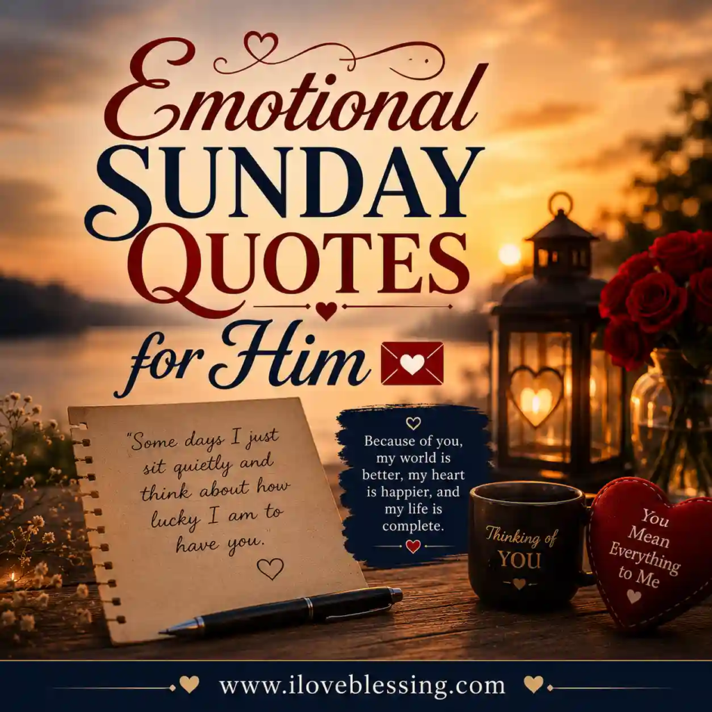 Emotional Sunday Quotes image with a sunset background. Includes heartfelt messages on notes, a pen, candlelit lantern, and a mug with "Thinking of You."