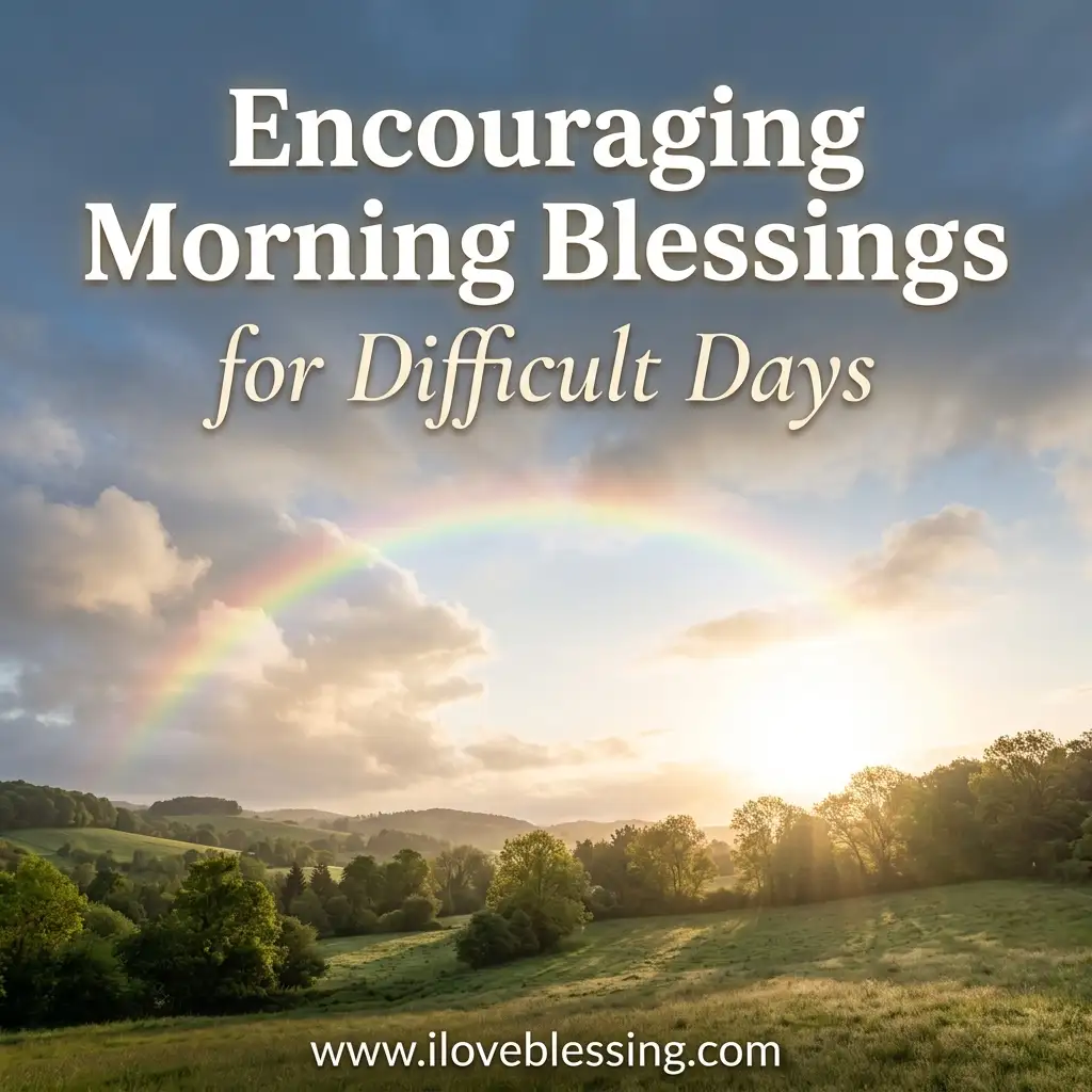 "Encouraging Morning Blessings for Difficult Days" over a landscape featuring green rolling hills, bright sunlight breaking through clouds, and a faint rainbow.