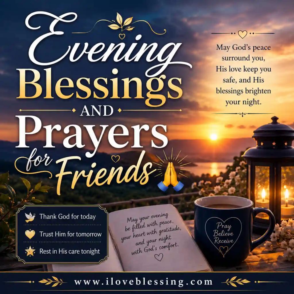 Serene sunset evening blessings graphic with prayers for friends, glowing lantern, peaceful lake view, and comforting spiritual message.