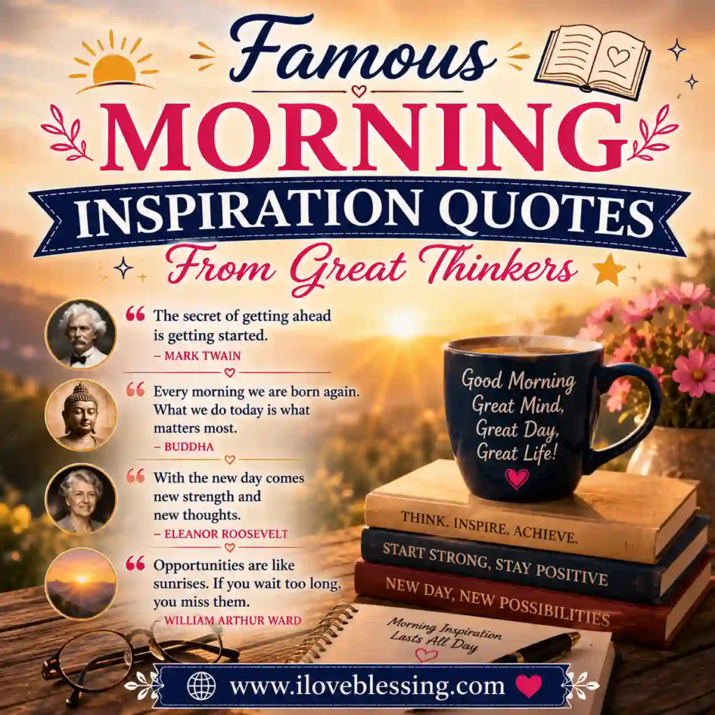 Inspirational morning quotes poster with books, coffee cup, sunrise background, and famous thinker motivational sayings.