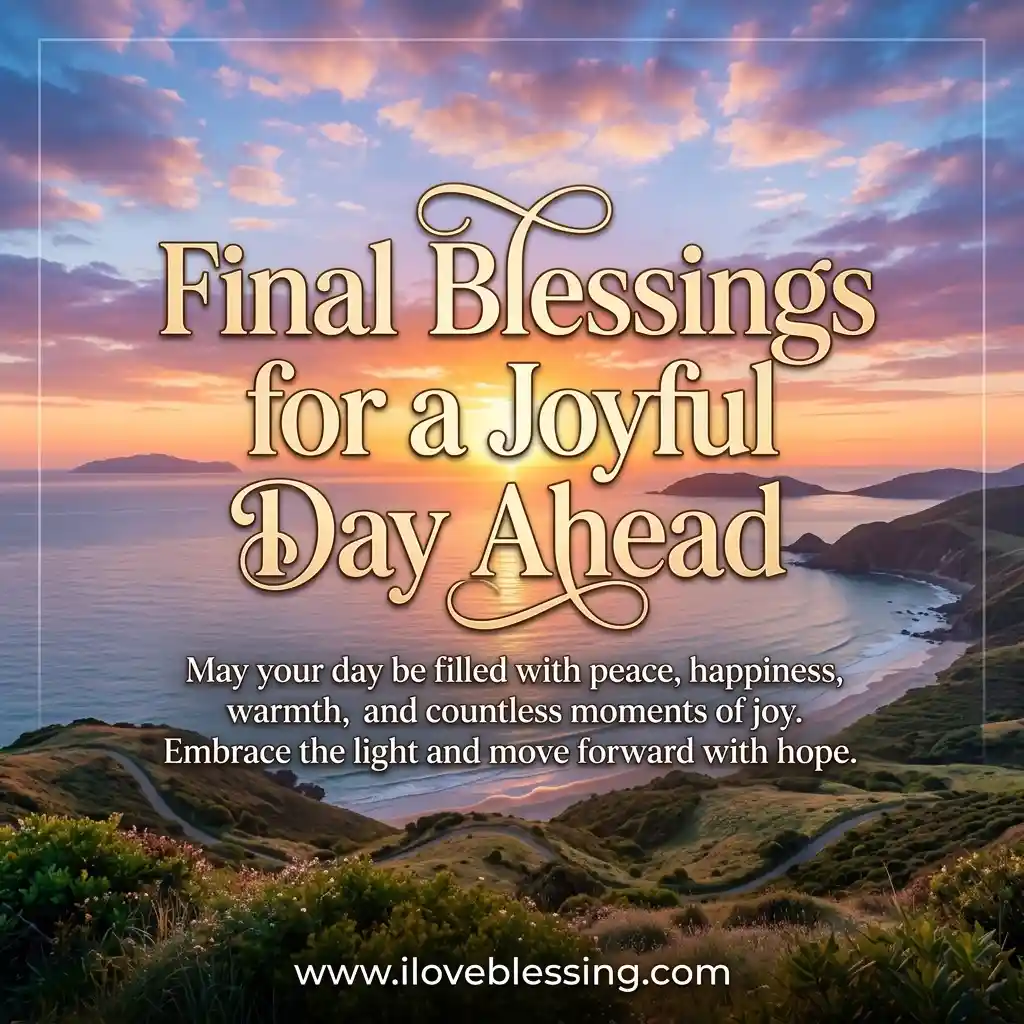 Sunset over a coastal landscape with text: "Final Blessings for a Joyful Day Ahead.