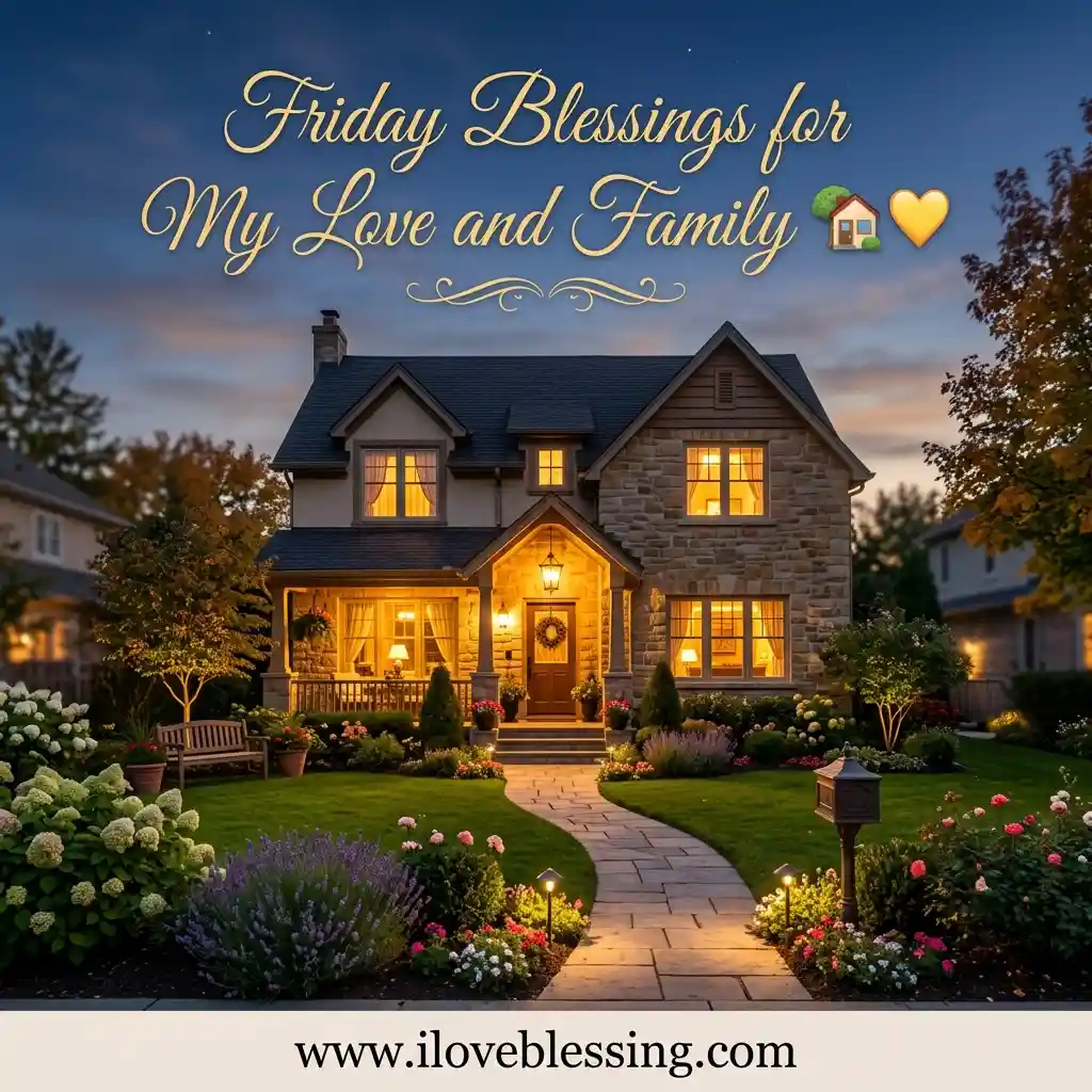 Stone facade suburban home illuminated at dusk with a winding garden path, featuring text overlay that reads "Friday Blessings for My Love and Family."