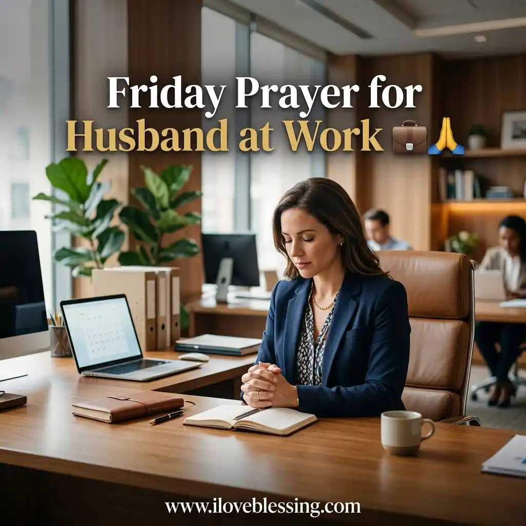 Woman in business attire sits at a desk in a modern office, eyes closed with hands clasped over an open notebook, overlaid with text reading "Friday Prayer for Husband at Work."