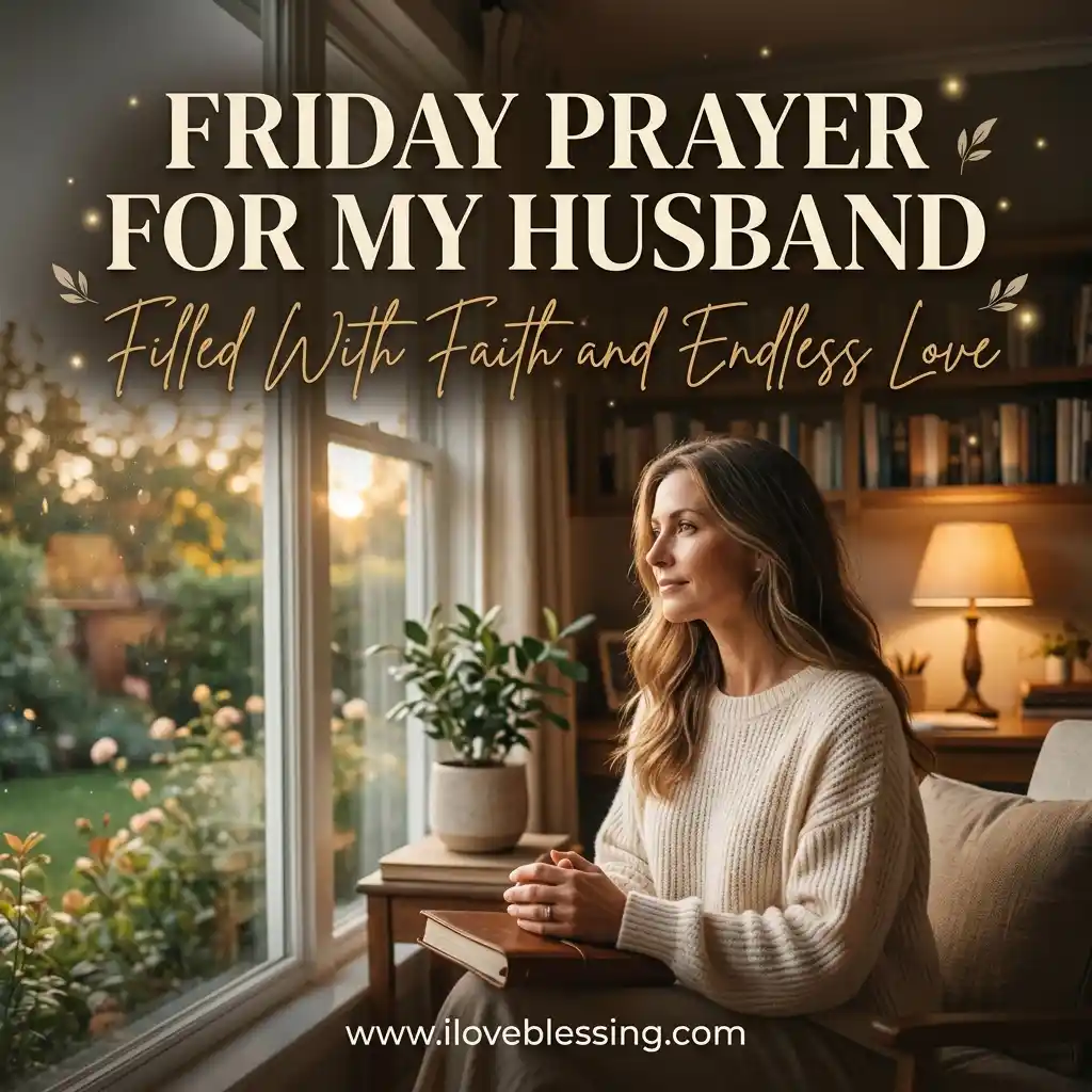 Woman in a cozy indoor setting looking out a sunlit window next to a book with overlaid text reading "FRIDAY PRAYER FOR MY HUSBAND Filled With Faith and Endless Love."