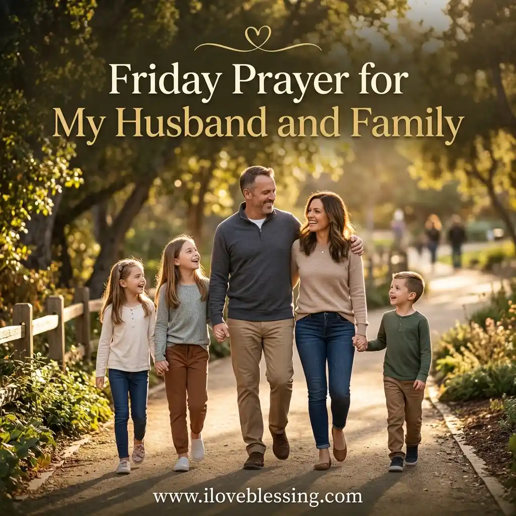 A smiling family of five walks hand-in-hand down a sun-dappled outdoor path beneath text reading "Friday Prayer for My Husband and Family."