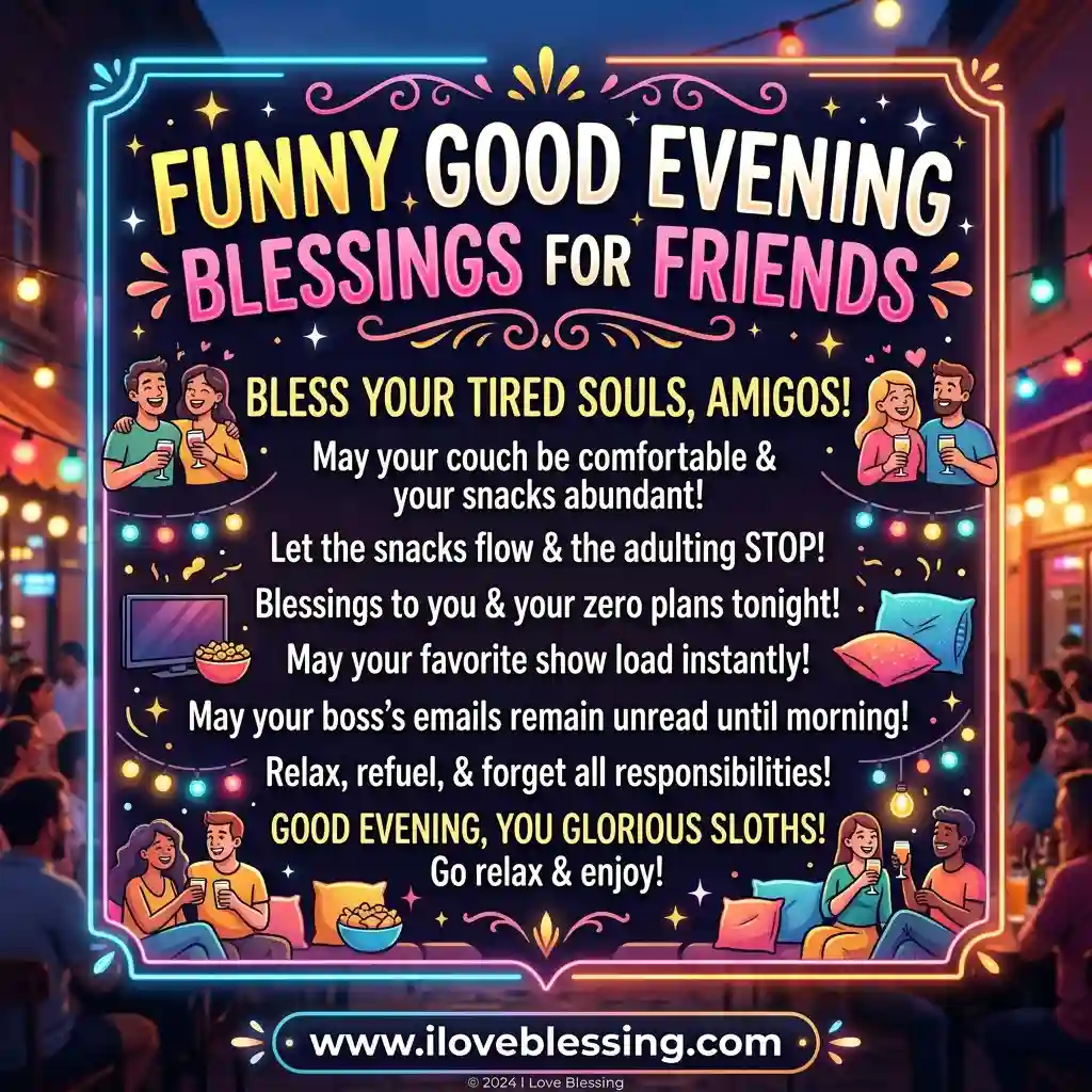 Neon-themed image with vibrant text: "Funny Good Evening Blessings for Friends." Humorous captions about relaxation, comfort, and unwinding adorn the scene, surrounded by colorful lights and cartoon people enjoying themselves.