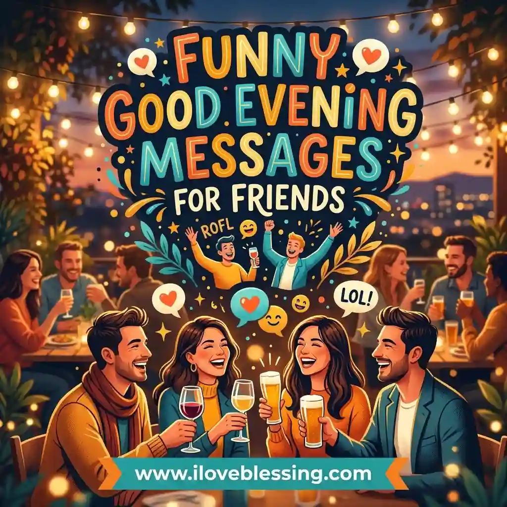 Friends laughing and holding drinks at an outdoor evening gathering. 