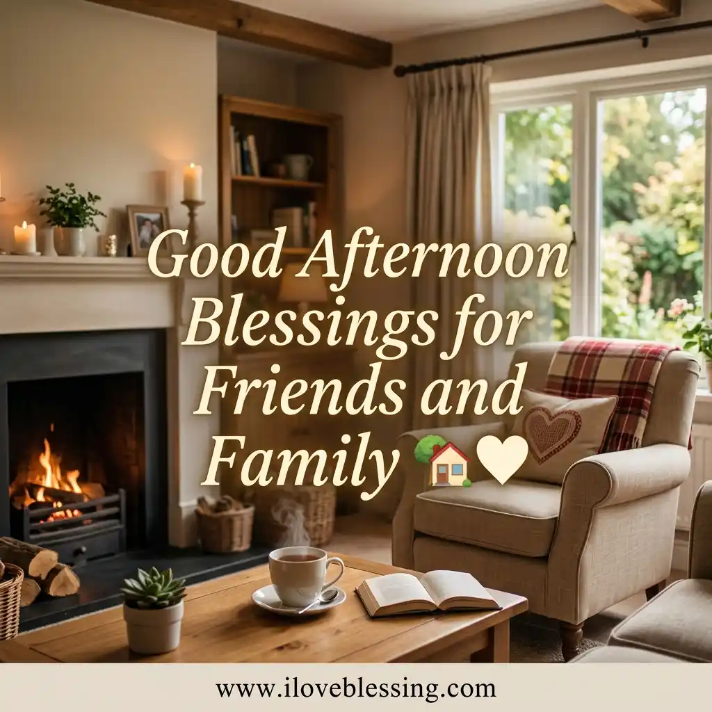 Cozy living room with a lit fireplace, armchair, and window view, conveying warmth. Text: "Good Afternoon Blessings for Friends and Family" with home and heart emojis.