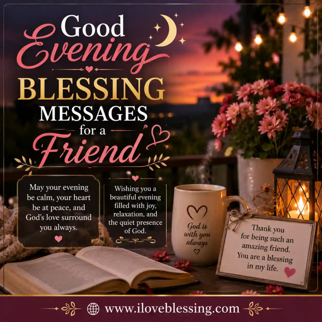 Good evening blessing image with sunset, lantern, flowers, coffee, and Good Evening Blessing Messages for a Friend.