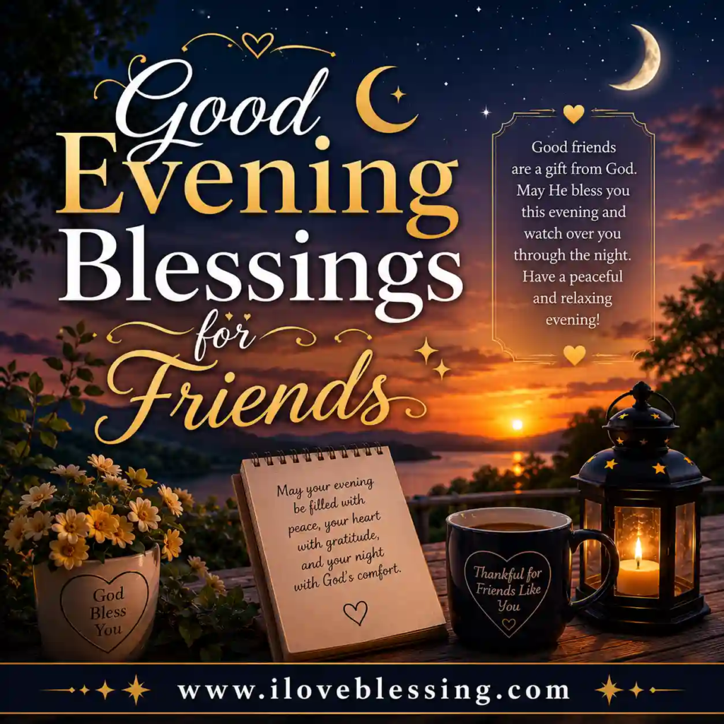 Good Evening Blessings for Friends graphic with sunset lake, lantern, flowers, moonlit sky, and peaceful friendship wishes.