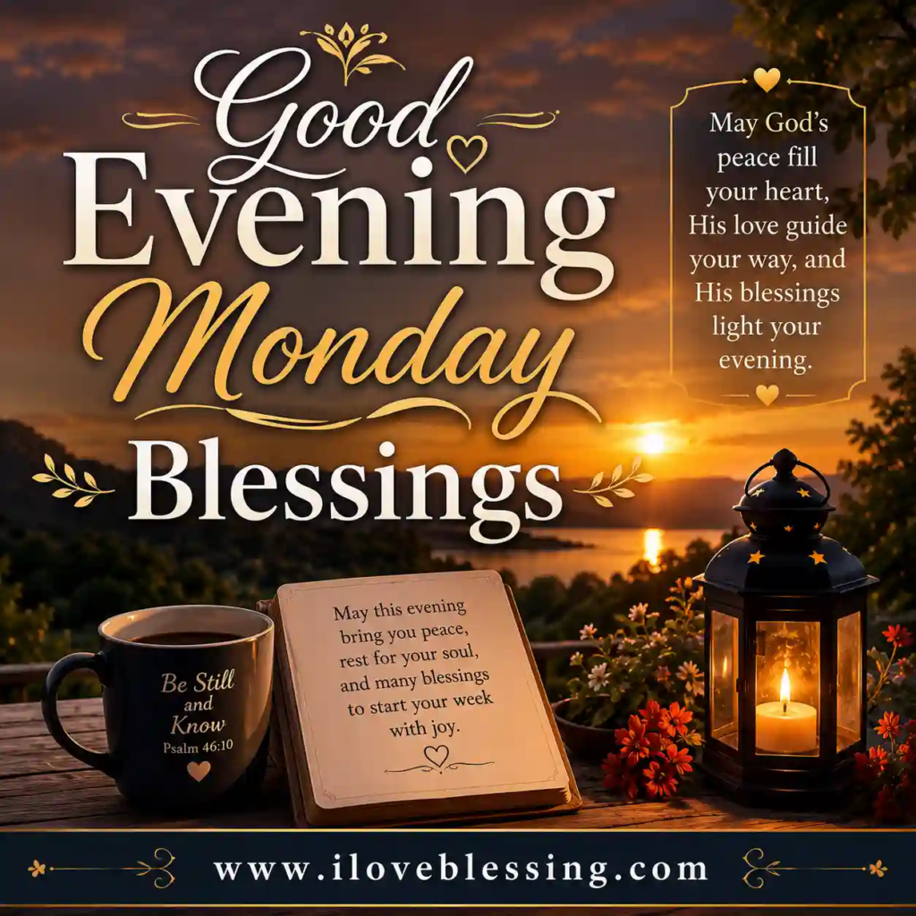 Good Evening Monday Blessings graphic with sunset lake view, glowing lantern, cozy mug, flowers, and peaceful inspirational message.
