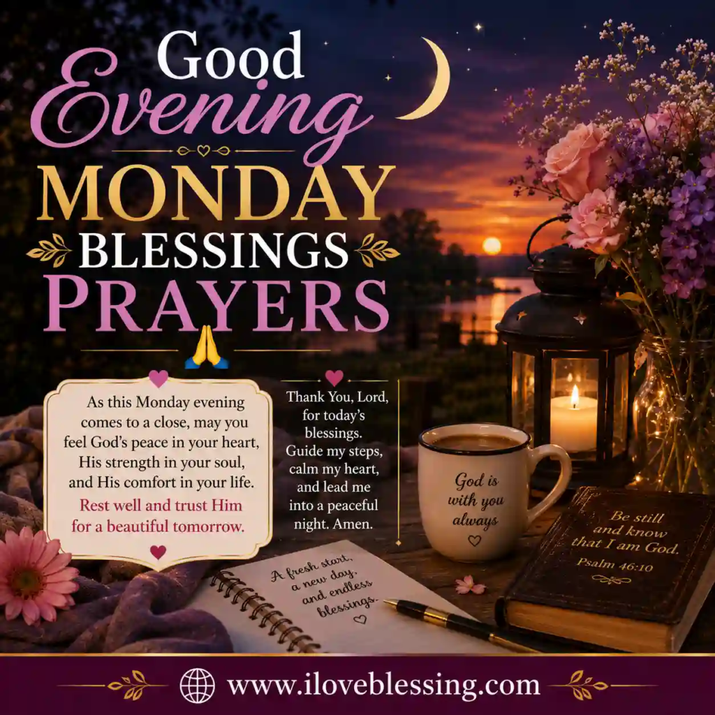 Alt text: Good Evening Monday blessings image with sunset, lantern, flowers, Bible, and prayer message by the lake.