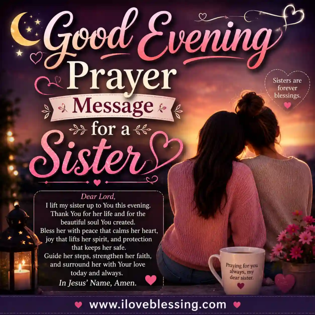 Prayer-themed evening greeting for sister far away with globe icon, sunset view, prayer text, and warm cozy atmosphere.