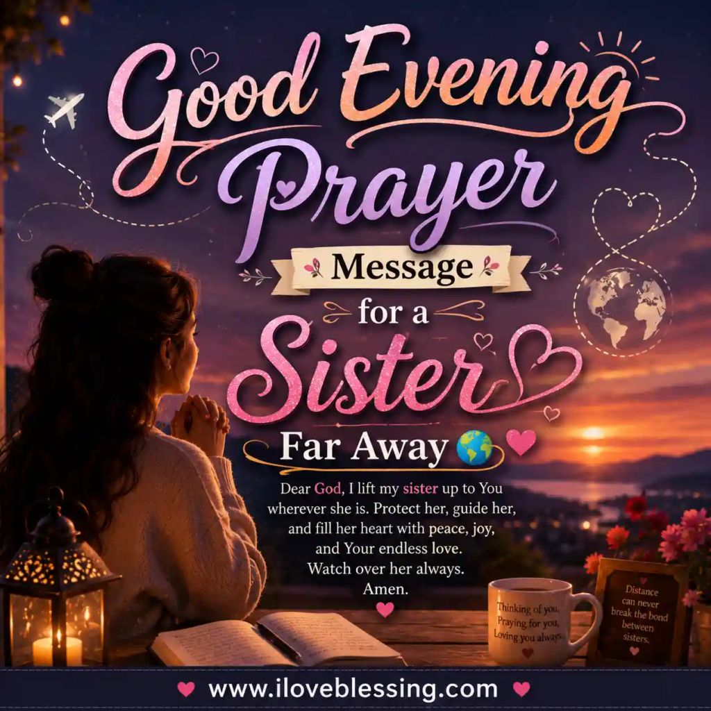Sisters watching sunset with warm evening lights and stylish “Good Evening Prayer Message for a Sister” typography design.