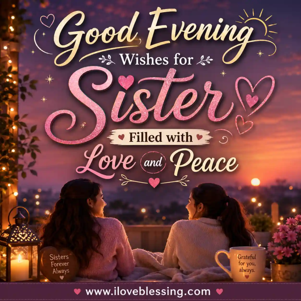 Good evening prayer message for a sister with sunset background, cozy lights, heartfelt prayer text